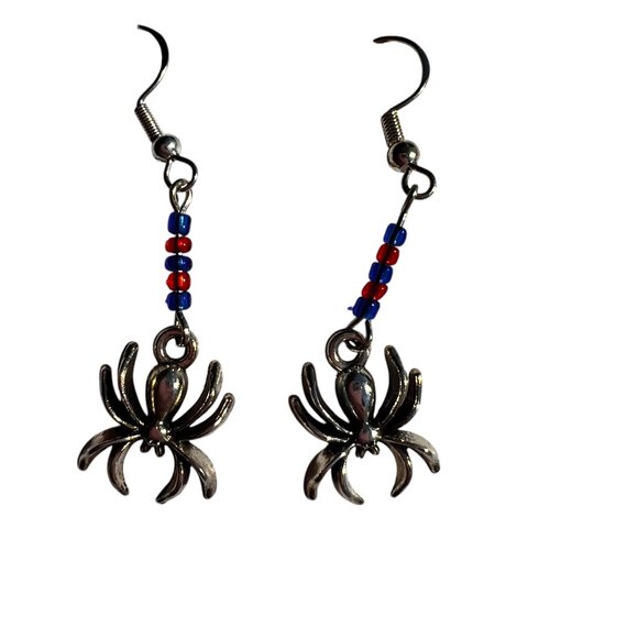 Handmade with love Jewelry - Spider-Man Inspired Dangling Earrings Red & Blue Beads Silver Spiders